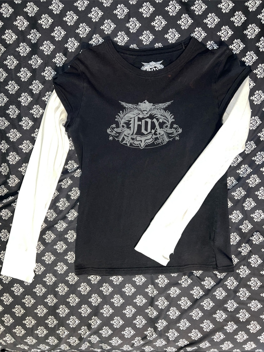 Fox Black Tee with White Attached Sleeve and Logo
